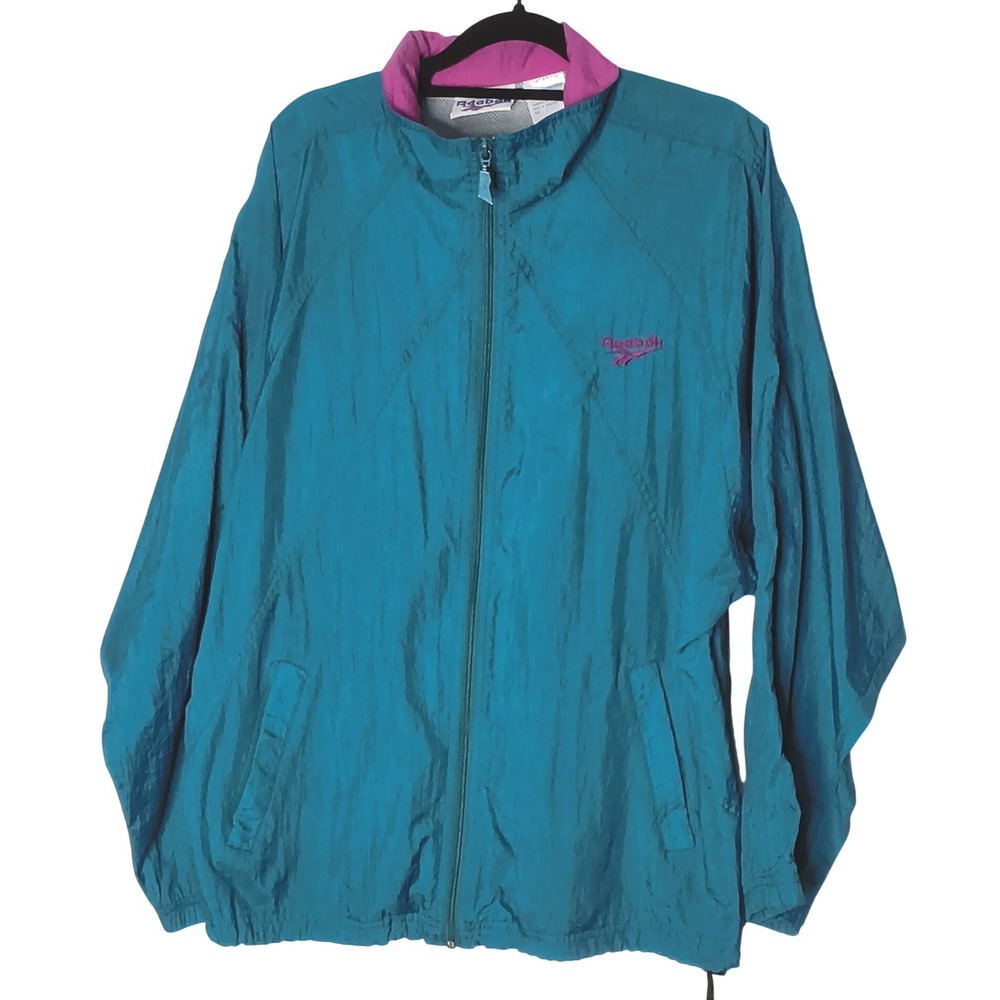 Reebok Windbreaker Jacket Men Large Teal Pink Vintage 90s Full‎ Zip Mesh Lined